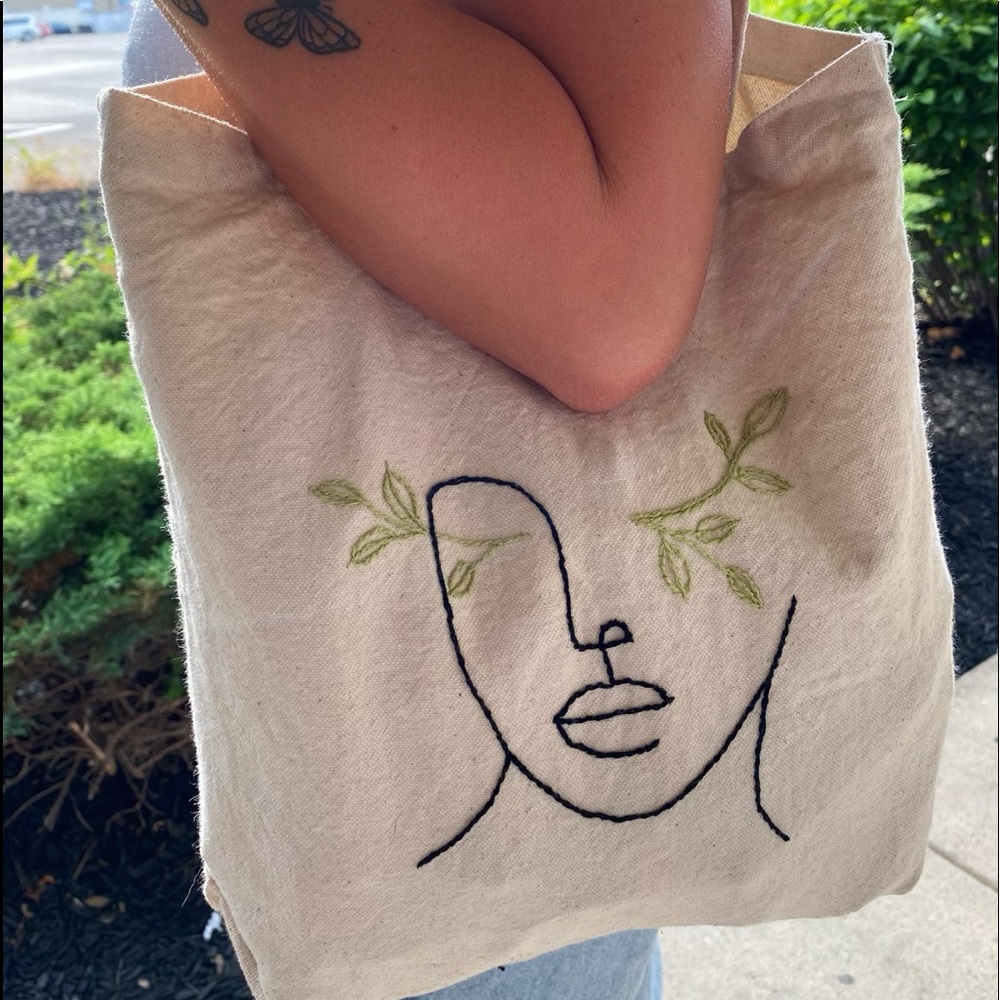 Hand embroidered botanical tote